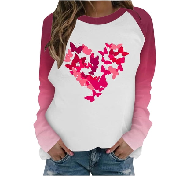 Idoravan Long Sleeve Shirts for Women Ladies' Casual 's Heart Printed Long-Sleeved Crew Neck Top S Multicolor