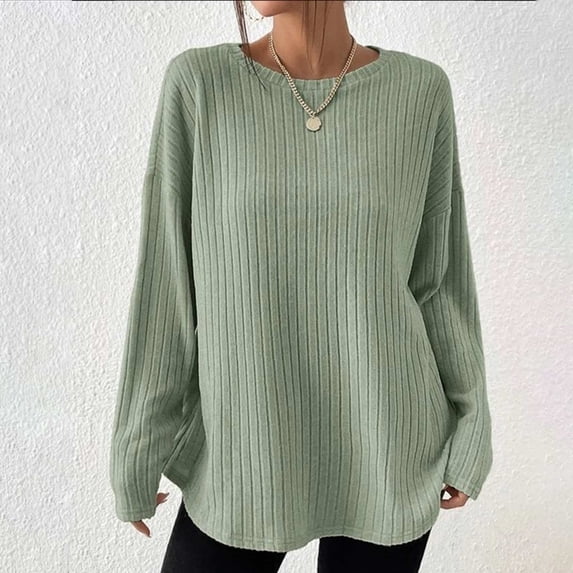 Idoravan Long Sleeve Shirts for Women,Ladies, Fashion Women Long Sleeve Solid Color Comfortable Breathable Round-Neck Shirt Tops Green M