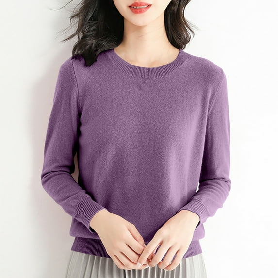 Idoravan Long Sleeve Shirts for Women,Ladies Clearance, Women's Fashion R-Neck Long Sleeve Loose Solid Color Blouse Purple M