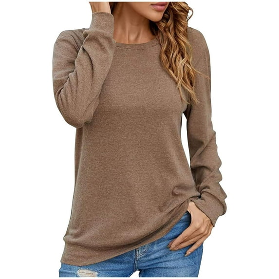 Idoravan Long Sleeve Shirts for Women,Ladies, Fashion Women Long Sleeve Comfortable Breathable Round--Neck Shirt Tops Coffee L