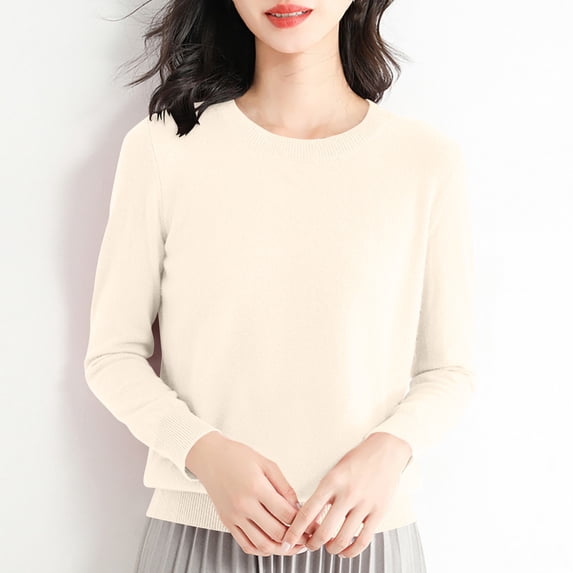 Idoravan Long Sleeve Shirts for Women,Ladies, Women's Fashion R-Neck Long Sleeve Loose Solid Color Blouse Beige S