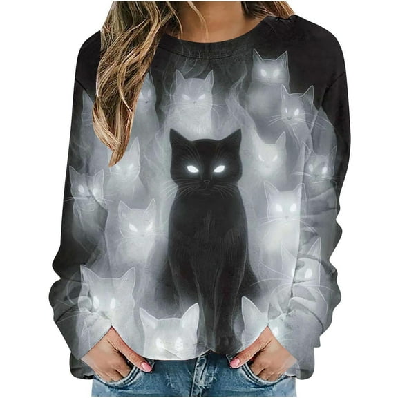 Idoravan Long Sleeve Shirts for Women Plus Size Women's Halloween Printed Loose Round Neck Sweatshirt Multicolor XXL