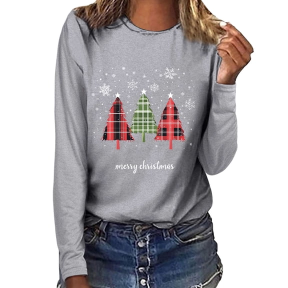 Idoravan Long Sleeve Shirts for Women Women's Christmas Tree Casual Long-sleeved Round-neck Top T-shirt Long-sleeved Round-neck Top/shirt M Gray
