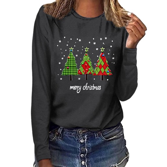 Idoravan Long Sleeve Shirts for Women Women's Christmas Tree Casual Long-sleeved Round-neck Top T-shirt Long-sleeved Round-neck Top/shirt S Dark Gray