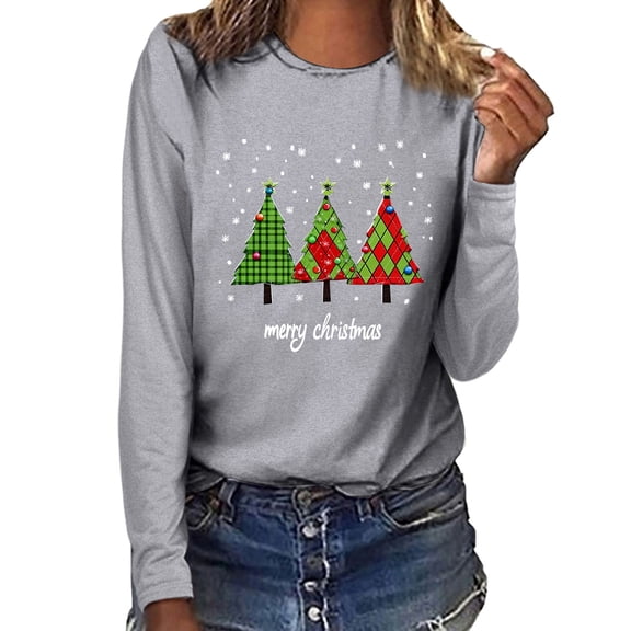 Idoravan Long Sleeve Shirts for Women Women's Christmas Tree Casual Long-sleeved Round-neck Top T-shirt Long-sleeved Round-neck Top/shirt S Gray