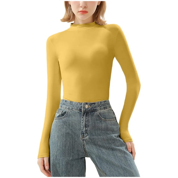 Idoravan Long Sleeve Shirts for Women Women's Long-sleeved Solid Color Turtleneck Pullover Casual Loungewear Top XL Yellow