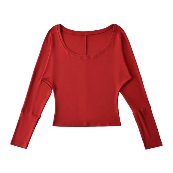 Idoravan Long Sleeve Shirts for Women Women's Solid Color Blouses Patchwork Long Sleeve Round Neck Casual Fashionable Top S Red