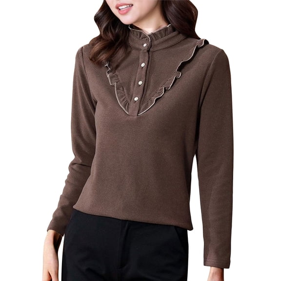 Idoravan Long Sleeve Shirts for Women Women's Solid Color Long-Sleeve Double-Sided Fleece Half-High Collar Undershirt Thermal Top XL Coffee
