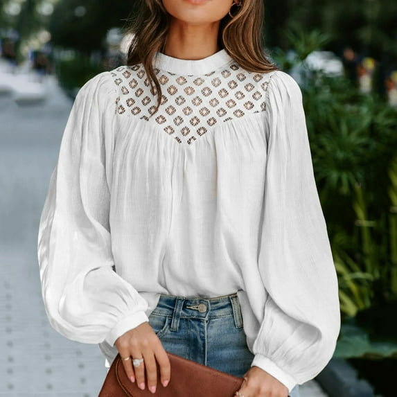 Idoravan Long Sleeve Shirts for Women Women's Tops Lace Crewneck Button Up Flared Sleeve Shirt Casual Loose Shirt