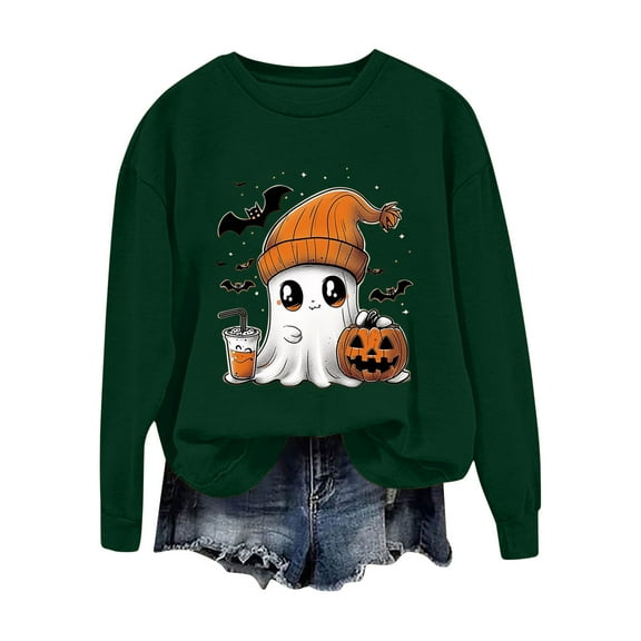 Idoravan Long Sleeve T Shirts for Women Women's Halloween Solid-color Round-neck Casual Sports Long-sleeved Fleece Sweatshirt Top Green L