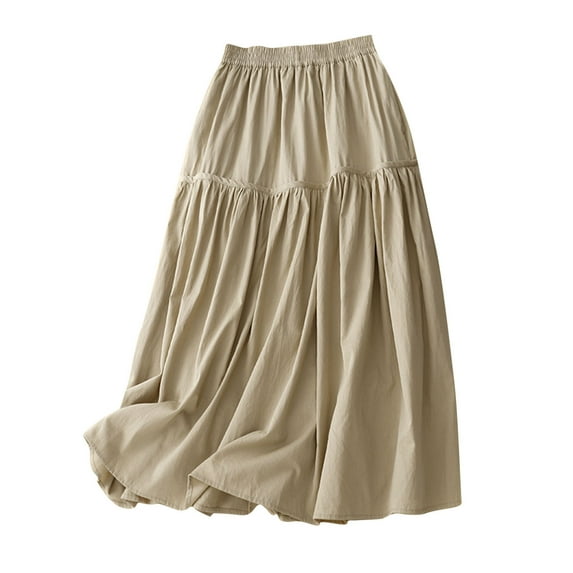 Long Summer Skirts for Women 2025 Women's Summer Casual Elastic Waist Solid Color Pleated Skirt