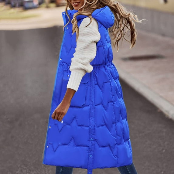 Idoravan Long Vest for Women Sleeveless,Women Warm Pocket Hooded Coat Long Jacket Winter Sleeveless Down Parkas Blue L