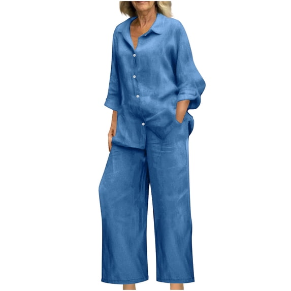Idoravan Loungewear for Women 2 Piece Set Womens Tops Long Sleeve Button Down Women's Spring And Summer V-neck Loose Lapel Long Sleeved Shirt Wide Leg Pants Color Set Blue
