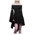 thumbnail image 1 of Idoravan Masquerade dresses for women Solid Color Literary Casual Dress Long Sleeve Off Shoulder Stretch Dress L, 1 of 5