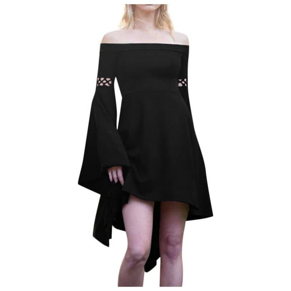 Idoravan Masquerade dresses for women Solid Color Literary Casual Dress Long Sleeve Off Shoulder Stretch Dress L
