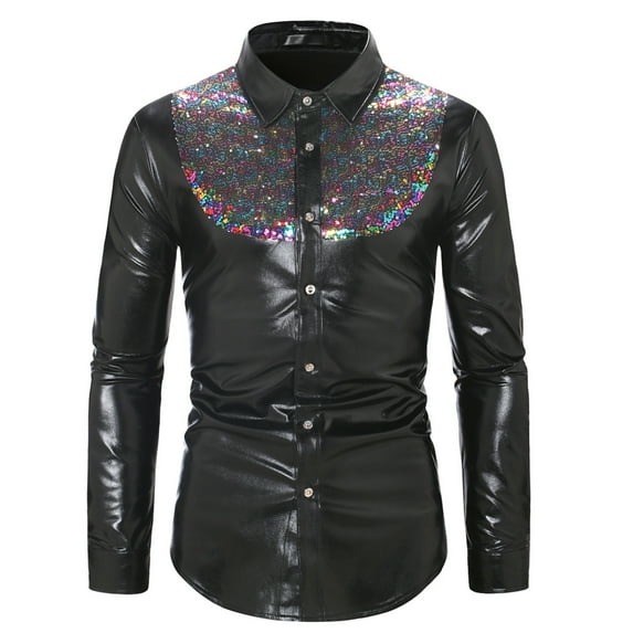 Idoravan Men's Tops Clearance Men's Fashion Casual Color Contrast Sequin Disco Shirt Gold Light Long Sleeve Cuffs Lapel Shirt Blouse