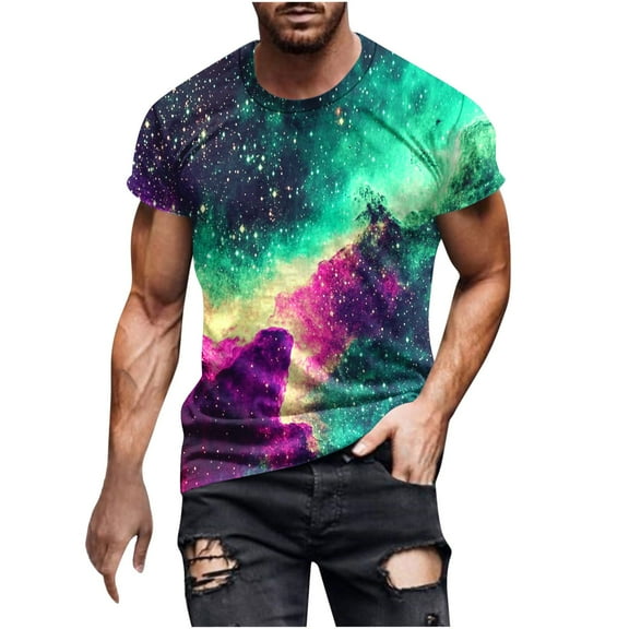 Idoravan Mens Shirts Casual Stylish Mens Shirts under $5.00 Men's Casual Sky Printed Round Neck Short Sleeved T-shirt Top