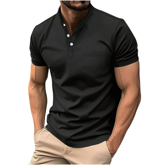 Idoravan Mens Shirts Short Sleeve T Shirts Summer Clothes for Men Man Long Sleeve Solid Color Lapel Button Fashion Fallow T-Shirt