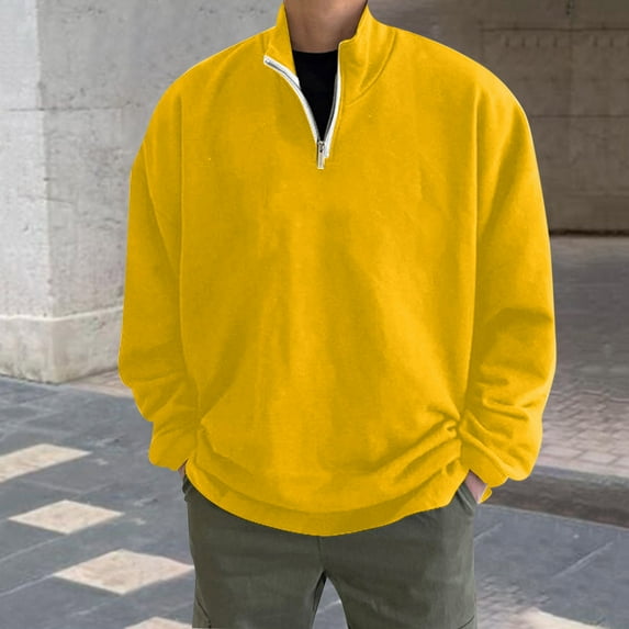 Idoravan Mens Tops Plus Size, Men's Half Zipper Pullover Long-sleeved Top Hoodless Sweatshirts Long Sleeve Stand-up Collar Blouse & Shirt Yellow XXXL