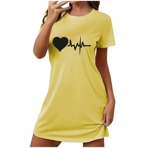 Idoravan Nightgowns for Women Short Sleeve Women's Fashion Print Medium Length Dress Women's Oversized Short Nightgown Fashion Chest Print Short Sleeve Nightdress