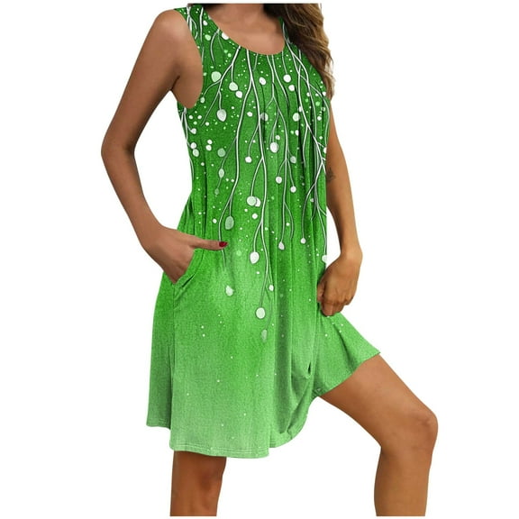Idoravan Nightgowns for Women Sleeveless Women Print With Pockets Sleep Shirts Sleeveless Sleepwear Pleated Front Nightshirt Round Neck Nightdress