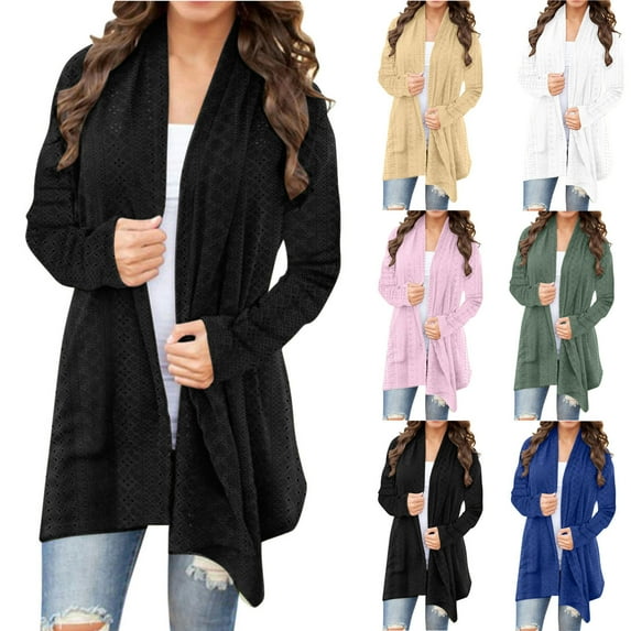 Idoravan Off Clear Cardigans for Women Trendy Women's Solid Color Long Sleeve Casual Blouse Cardigan Outwear Blue L