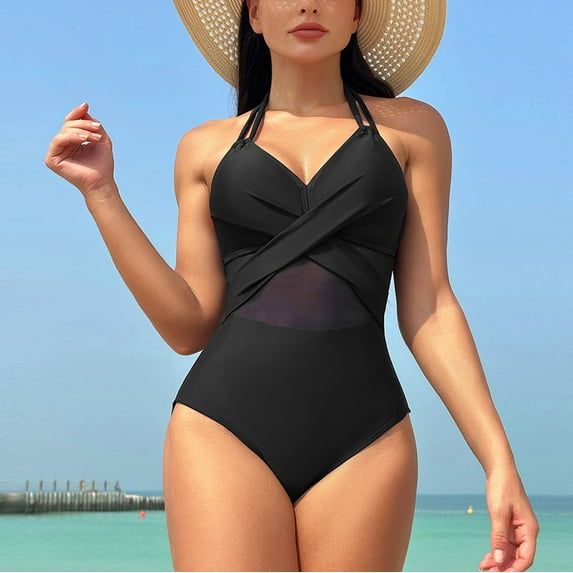 Idoravan One Piece Bathing Suits for Women, Women's 2024 Spring Fashion Solid Color Mesh Bikini Swimsuit Black S