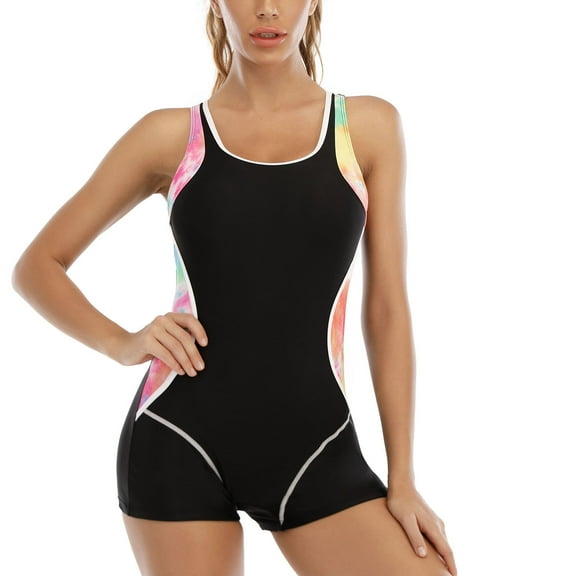 Idoravan One Piece Bathing Suits for Women, Women's Sports Swimwear Conservative Color-blocking Sexy Backless Swimwear Black XXL