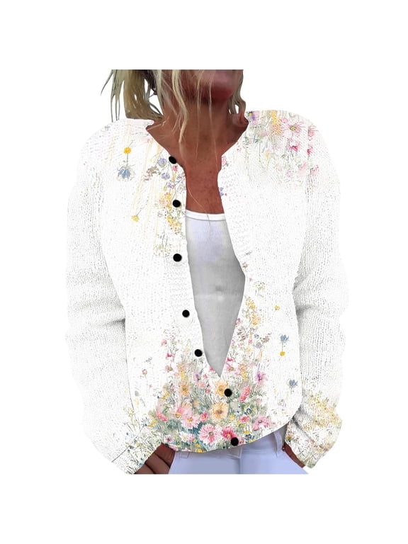 Oversized Cardigan Sweaters for Women Plus Size 5X Women's Casual Printed Knitted Cardigan Button Coat White XXXXXL
