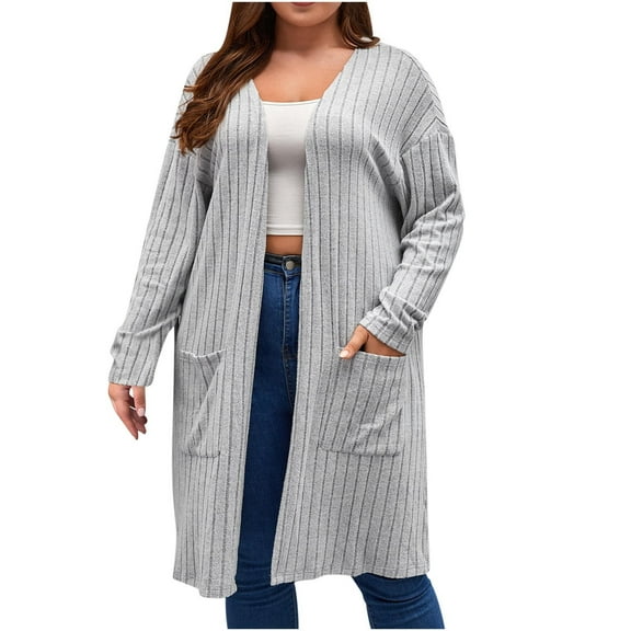 Idoravan Oversized Cardigans for Women Women's Solid Plus Size Long Sleeve Cardigan Coat with Pockets