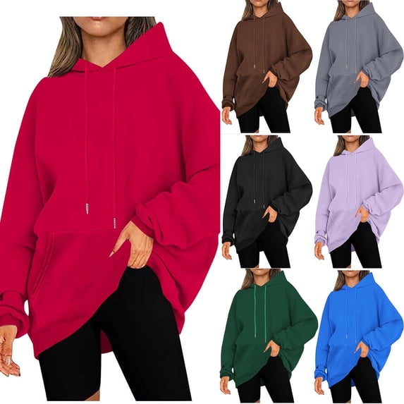 Idoravan Oversized Hoodies for Women Pullover Women Fall and Winter Casual Hooded Solid Round Neck Long Sleeve Pullover Blouse Sweatshirt Green xxl