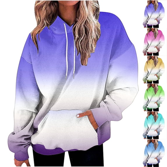 Idoravan Oversized Sweatshirt for Women Fall Women's Loose Fitting Gradient Color Long Sleeved Hoodie Sports Sweatshirts Yellow Xl