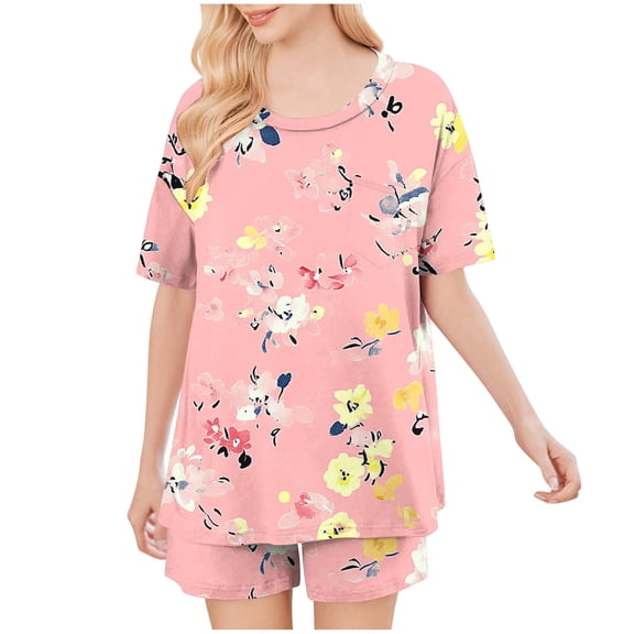 Pajamas for Women Womens Lounge Sets 2 Piece Outfits Women's Fashionable Casual Solid Color Home Short Sleeved Round Neck Pajama Top With Pants Set