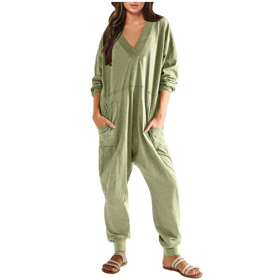 Idoravan Pajamas for Women Jumper Women's Fashionable Solid Color Casual Loose Fitting Jumpsuit Long Sleeved V-neck Jumpsuit Casual Pajama Pocket Jumpsuit