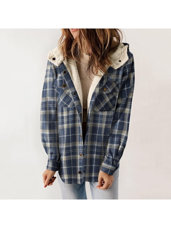 Plaid Shirts for Women Winter Jacket Women's Large Collar with Lace Up Waistband Leather Jacket with Patchwork Slim Fitting Long Sleeved Jacket Blue L