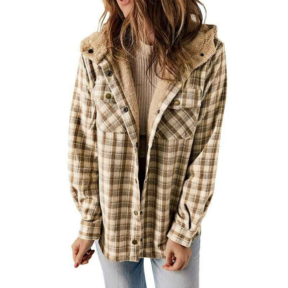 Idoravan Plaid Shirts for Women Winter Jacket Women's Large Collar with Lace Up Waistband Leather Jacket with Patchwork Slim Fitting Long Sleeved Jacket Khaki M