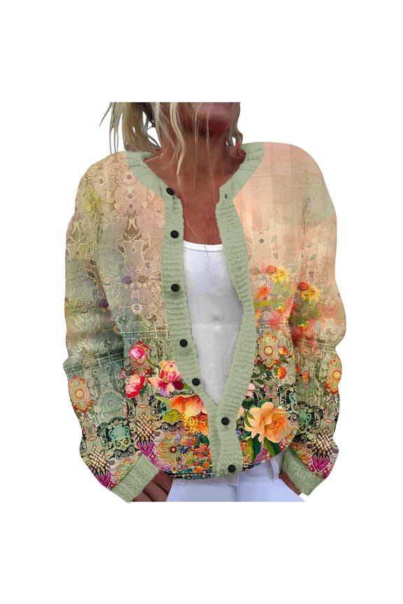 Print Cardigan Sweaters for Women Ladies' Casual Floral Printed Knitted Cardigan With Button Up Jacket And Top Multicolor S