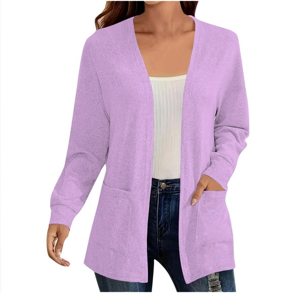 Idoravan Purple Cardigan for Women Women's Color Long Sleeve Casual Tops Blouse with Pocket Cardigan