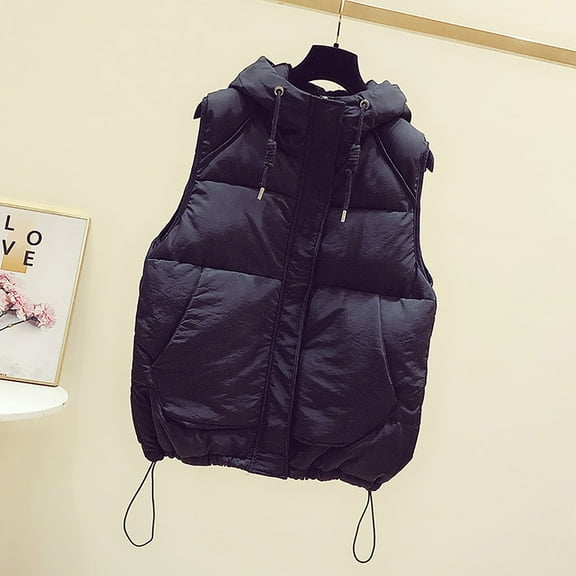 Idoravan Quilted Vests for Women Women Pocket Vest Coat Short Jacket Winter Sleeveless Hooded Zipper Solid Outerwear Black S