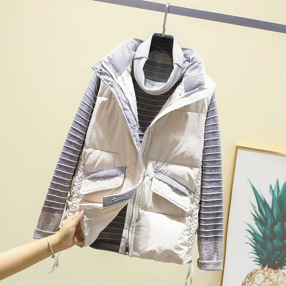 Idoravan Quilted Vests for Women Clearance Women Pocket Vest Coat Short Jacket Winter Sleeveless Turn Down Collar Zipper Solid Outerwear Beige M