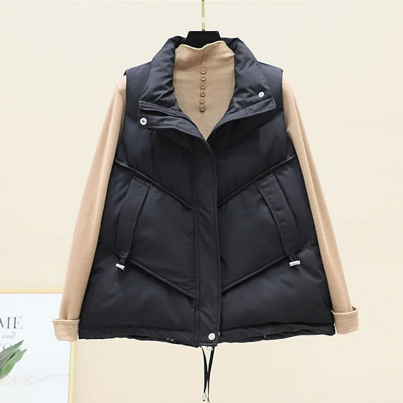 Idoravan Quilted Vests for Women Women Pocket Vest Coat Short Jacket Winter Sleeveless Turn Down Collar Zipper Solid Outerwear Black M