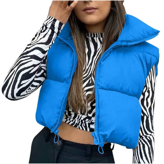 Idoravan Quilted Vests for Women Clearance Women's Winter Crop Lightweight Sleeveless Warm Outerwear Vest Padded Gilet Tops Coat Blue S