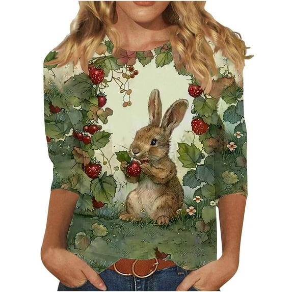 Idoravan Rabbit Print T-Shirt Flower Print Shirts for Women Women's New Easter Round Neck Pullover 3/4 Sleeve Casual Printed Top