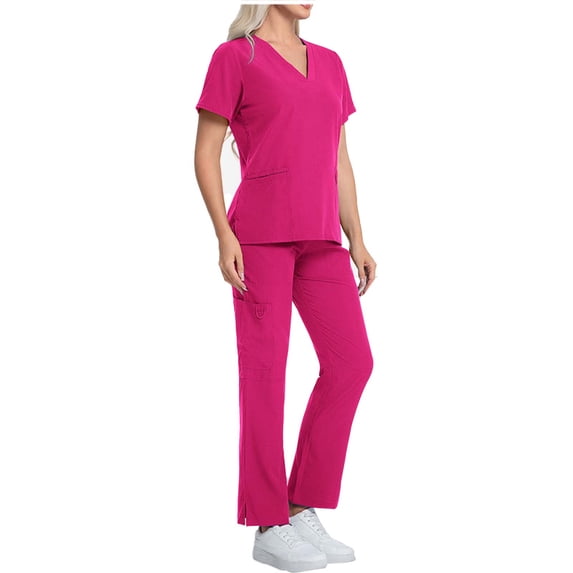 Idoravan Scrubs Sets for Women Women Solid Color Loose Drawstring Pants Pocket Caregiver Short Sleeve V-Neck Blouses Nursing Uniform Set