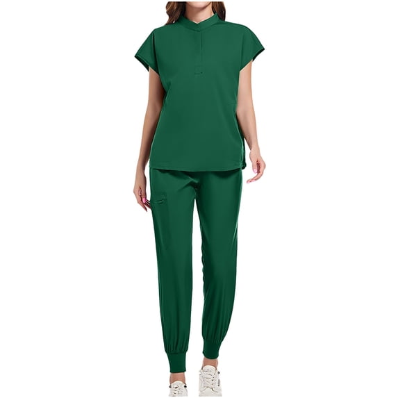Idoravan Scrubs for Women Set Jogger Pants Uniform Sets for Women Women's Solid Color Casual Nurse Protective Uniform Short Sleeved Round Neck Shirt Set