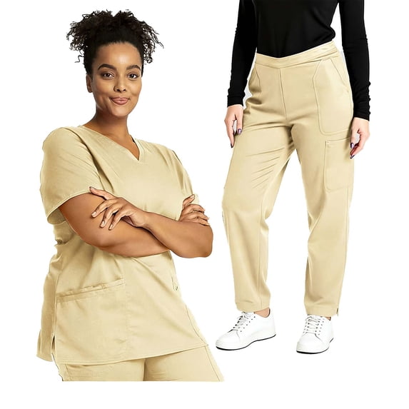 Idoravan Scrubs for Women Set Women Solid Color Loose Drawstring Pants Pocket Caregiver Short Sleeve V-Neck Blouses Nursing Uniform Set