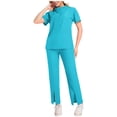 thumbnail image 1 of Idoravan Scrubs for Women Set Women Solid Color Loose Drawstring Pants Pocket Zipper Caregiver Short Sleeve V-Neck Blouses Nursing Uniform Set, 1 of 4