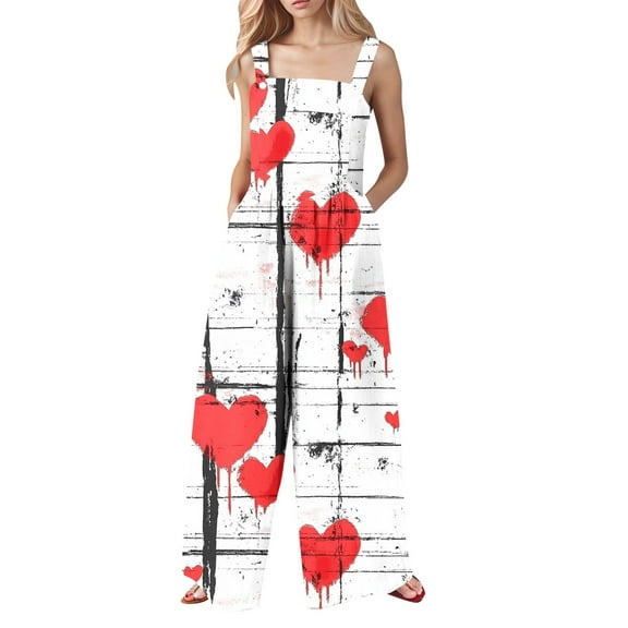 Idoravan Jumpsuit Sleeveless Evening Party Playsuit Pants Women's Printed Jumpsuit Casual Button Pocket Sleeveless Wide Leg Trousers
