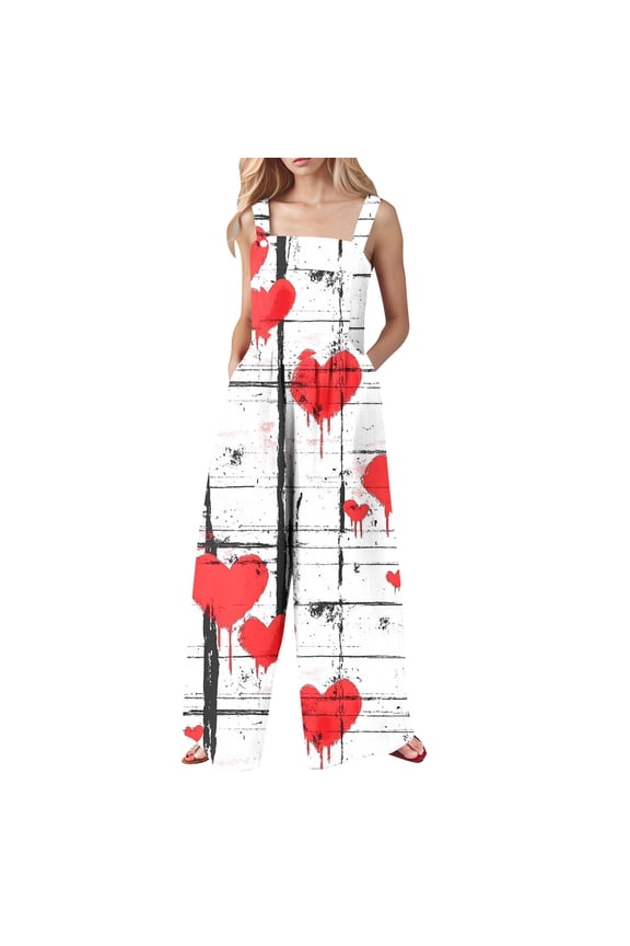 Jumpsuit Sleeveless Evening Party Playsuit Pants Women's Printed Jumpsuit Casual Button Pocket Sleeveless Wide Leg Trousers