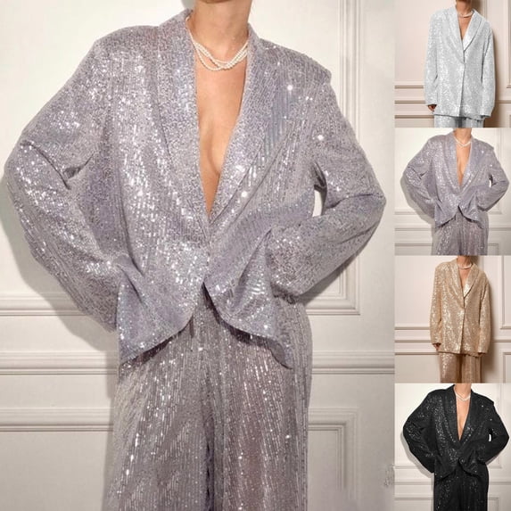 Idoravan Sequin Womens Jacket Womens Sequin Blazer Ladies' Sequined Suit Jacket, Casual and Versatile Pearl Top
